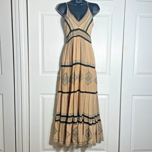 Anthropologie Dress Women 0 Tan Robin Embroidered Maxi Lace Boho Tiered V Neck - Picture 1 of 11